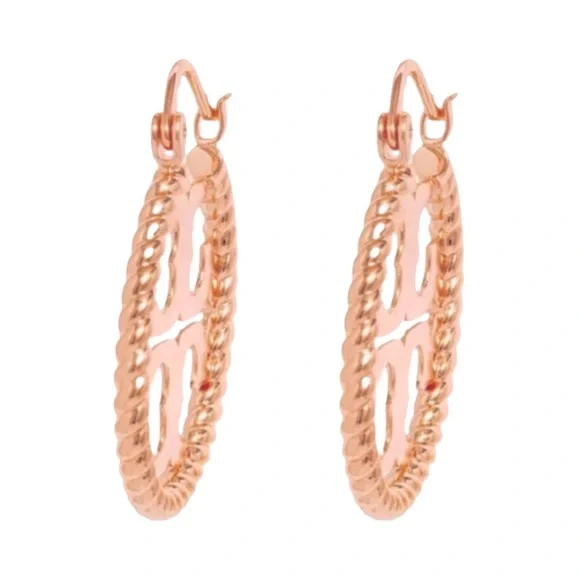 TORY BURCH • Rose Gold Rope Hoop Logo Earrings - Picture 3 of 5
